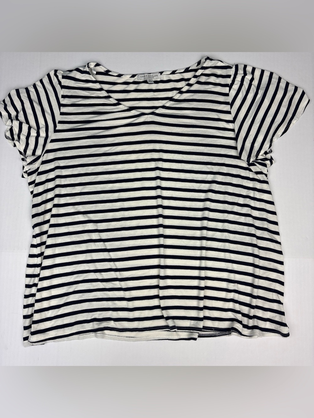 Green Envelope Women 2X Shirt Navy Blue Cream Stripe Rayon Spandex V-Neck Comfy